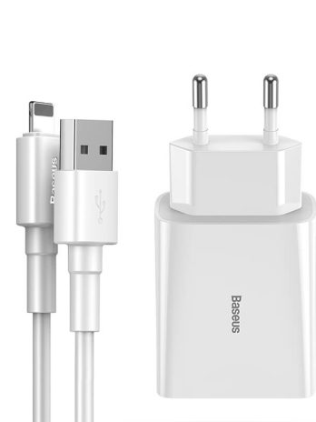 DZ-HW Baseus Speed Mini Dual U Travel Charger 10.5W Charging  Sets(EU)  (With Mini White Cable USB For iPhone 2.4A 1m)