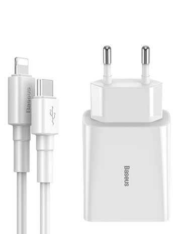 DZ-HW Baseus Speed Mini PD single Tyep-C Quick Charger 18W Charging Sets (EU) (With Baseus Mini White Cable Type-C to iP PD 18W 1m)