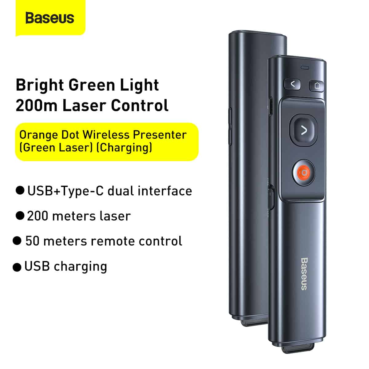 Baseus Orange Dot Wireless Presenter (Green Laser)(Charging) Grey - ibaseus.com