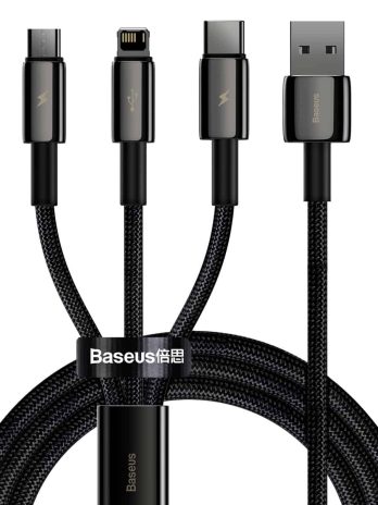 Baseus Tungsten Gold One-for-three Fast Charging Data Cable USB to Micro+iPhone+Type-C 3.5A 1.5m Black