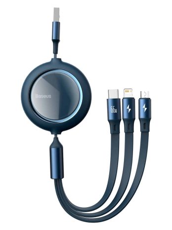 Baseus Bright Mirror One-for-three Retractable Data Cable USB to Micro+iPhone+Type-C 1.2m 66W Blue/Purple