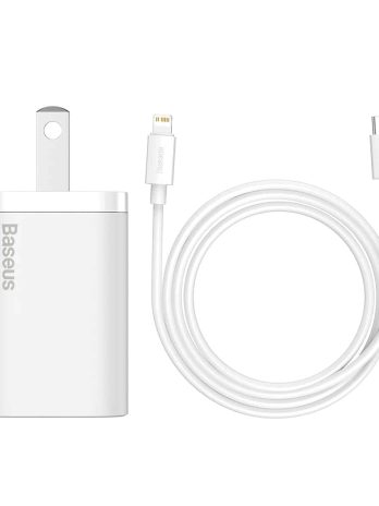Baseus Super Si Quick Charger 1C 20W US Sets White (With Baseus Simple Wisdom Data Cable Type-C to iPhone 1m White)