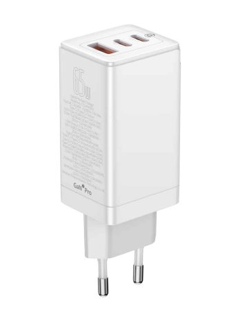 Baseus GaN3 Pro Fast Charger 2C+U 65W EU White (Include: Baseus Xiaobai series fast charging Cable Type-C  to Type-C 100W (20V/5A) 1m White)