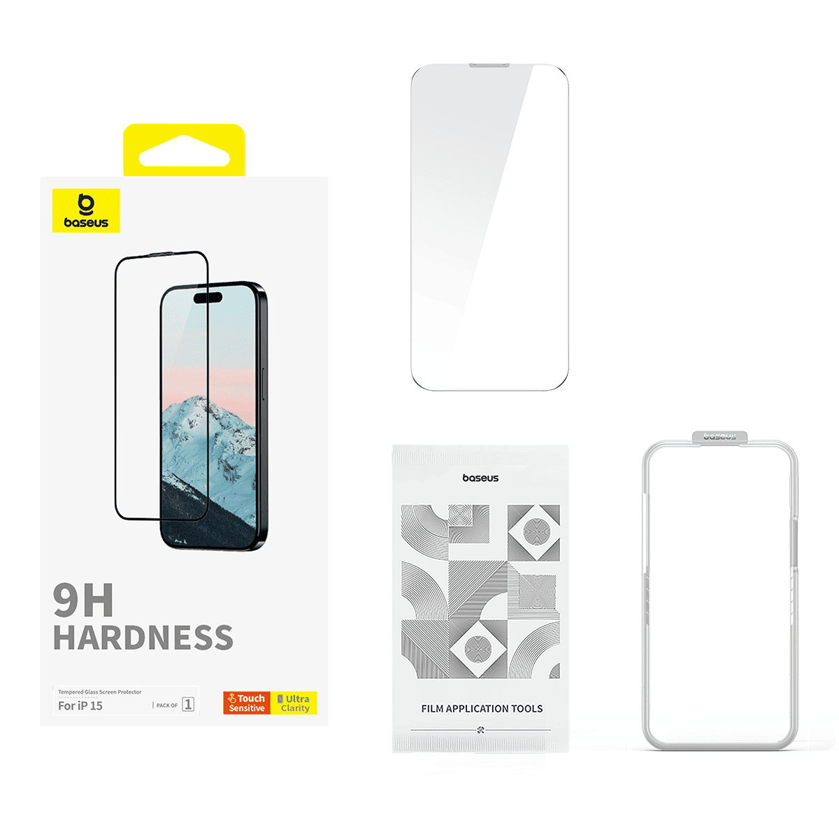 Baseus Diamond Series Full-Coverage HD Tempered Glass Screen Protector for iPhone 15 Series, Clear(Pack of 1, with cleaning kit and EasyStick installation tool)