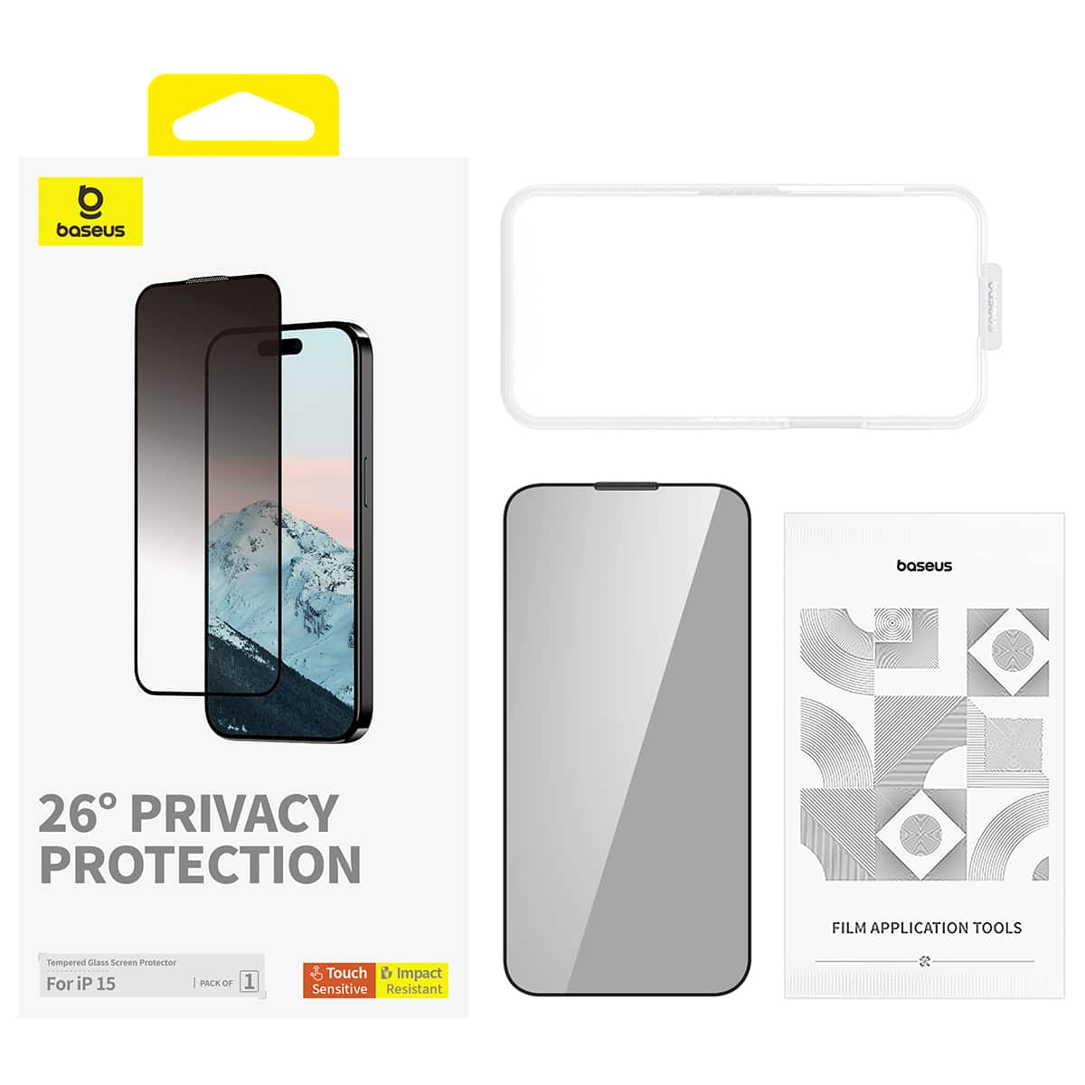 Baseus Diamond Series Full-Coverage Privacy Protection Tempered Glass Screen Protector for iPhone 15 Series, Clear(Pack of 1, with cleaning kit and EasyStick installation tool)